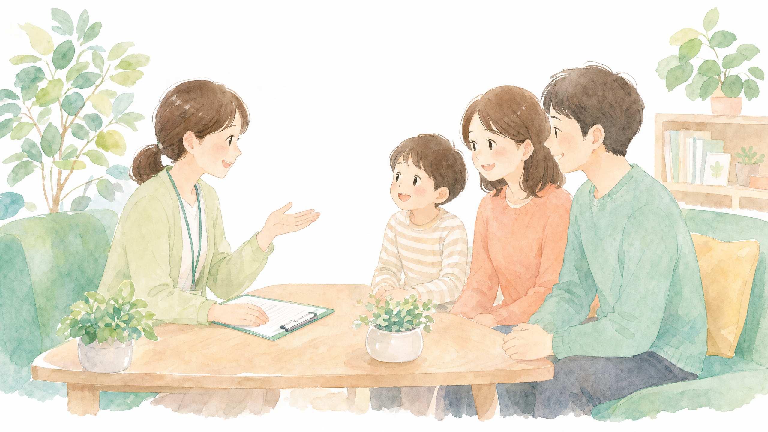 スタッフと家族が笑顔で相談している様子