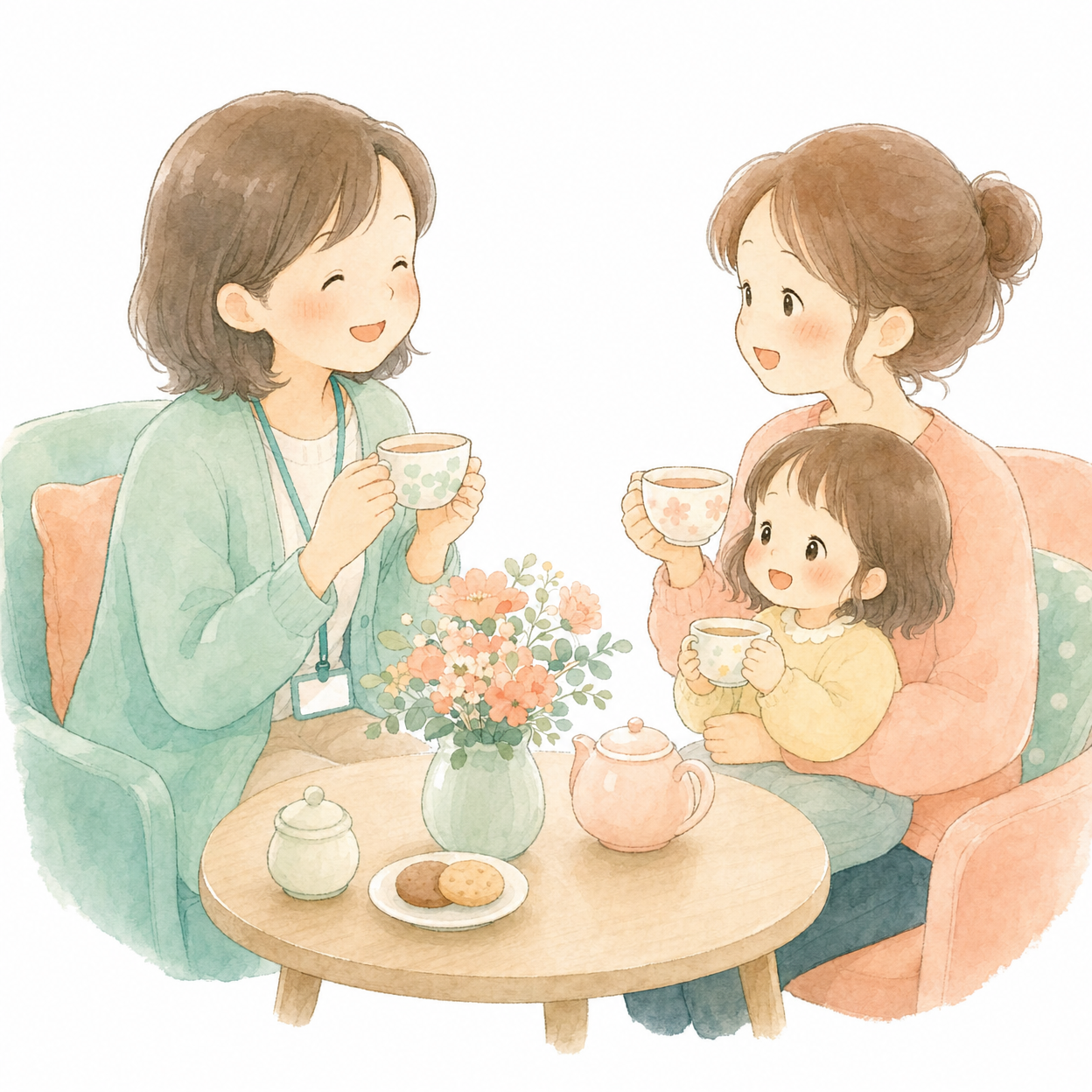 スタッフと家族がお茶を飲みながら話す様子