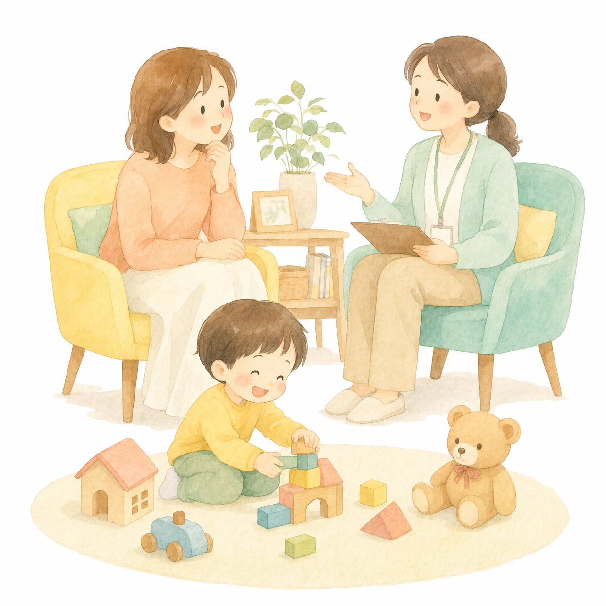お子さんと家族、スタッフの相談の様子