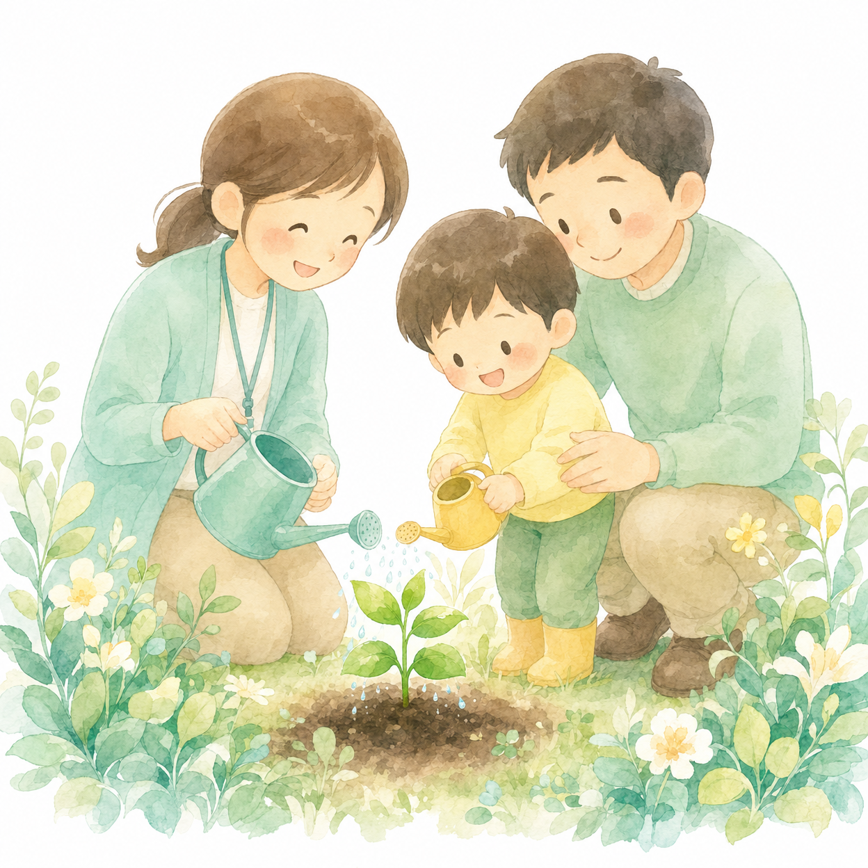 スタッフと家族が一緒に植物に水をやる様子